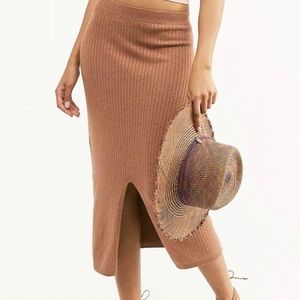 Free People Skyline Midi Skirt Size Medium Tan Ribbed High Waisted Bodycon